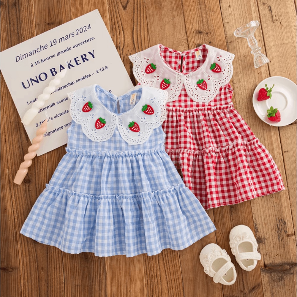Korean Style Strawberry Embroidered Toddler Dress Red Check Sleeveless Baby Girl Dress For Cute Su 0
