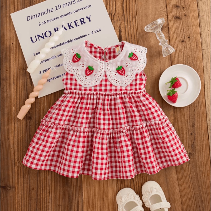 Korean Style Strawberry Embroidered Toddler Dress Red Check Sleeveless Baby Girl Dress For Cute Su 2