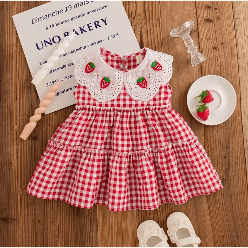 Korean Style Strawberry Embroidered Toddler Dress Red Check Sleeveless Baby Girl Dress For Cute Su 7