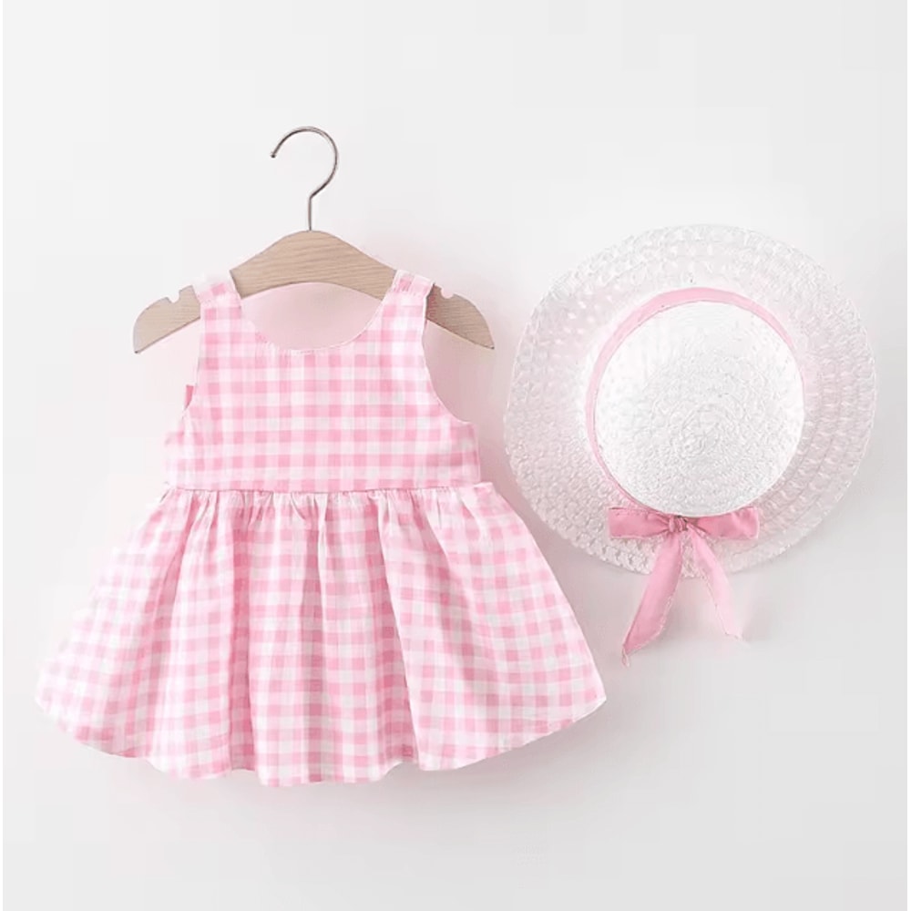 Plaid Bow Baby Girl Summer Dress Set With Matching Sun Hat Cute Toddler Beach Dress Outfit 2Piece 1