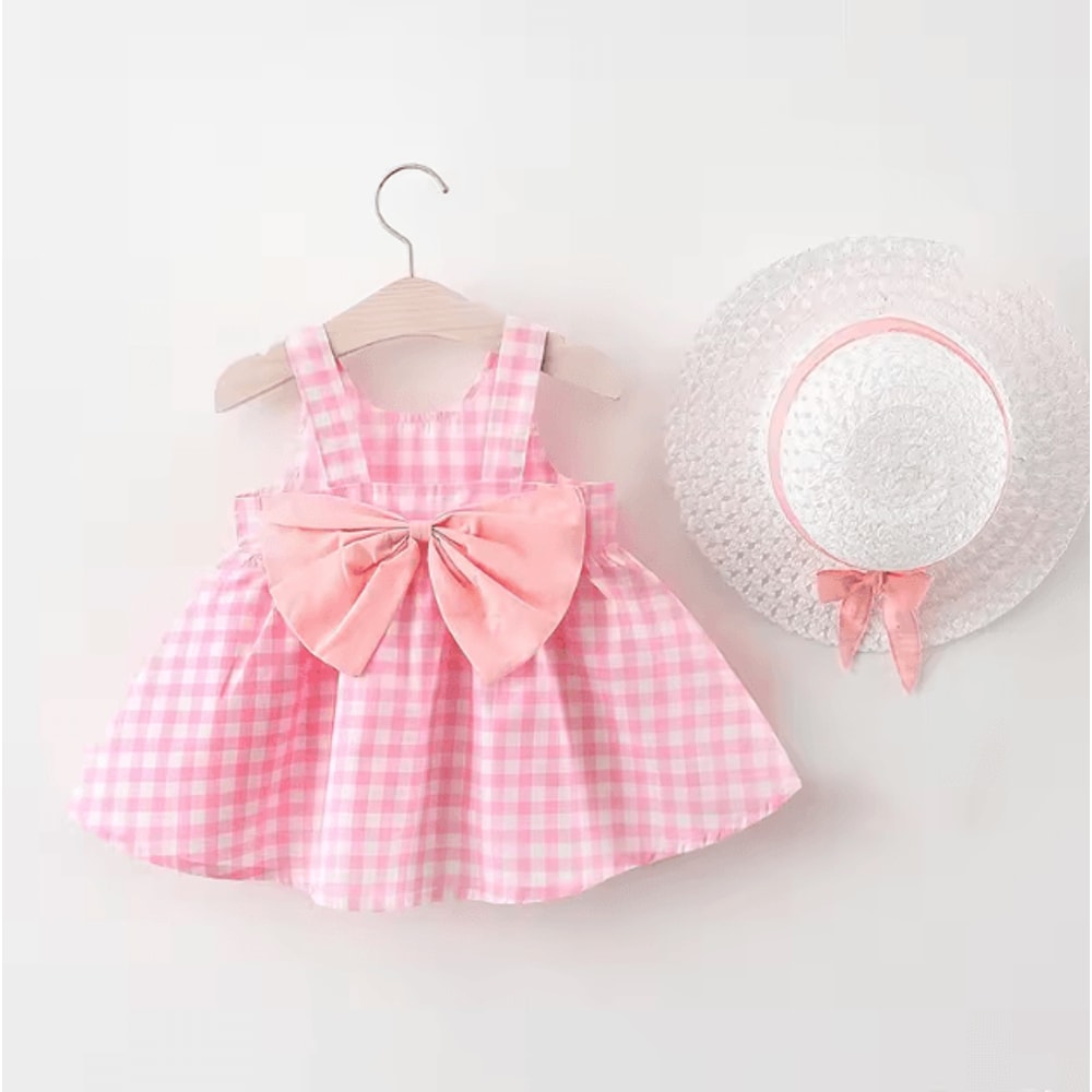 Plaid Bow Baby Girl Summer Dress Set With Matching Sun Hat Cute Toddler Beach Dress Outfit 2Piece 2