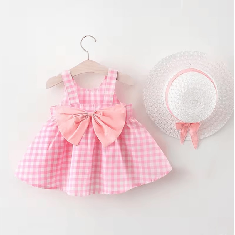 Plaid Bow Baby Girl Summer Dress Set With Matching Sun Hat Cute Toddler Beach Dress Outfit 2Piece 2