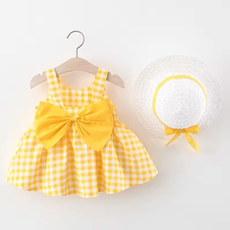 Plaid Bow Baby Girl Summer Dress Set With Matching Sun Hat Cute Toddler Beach Dress Outfit 2Piece 7