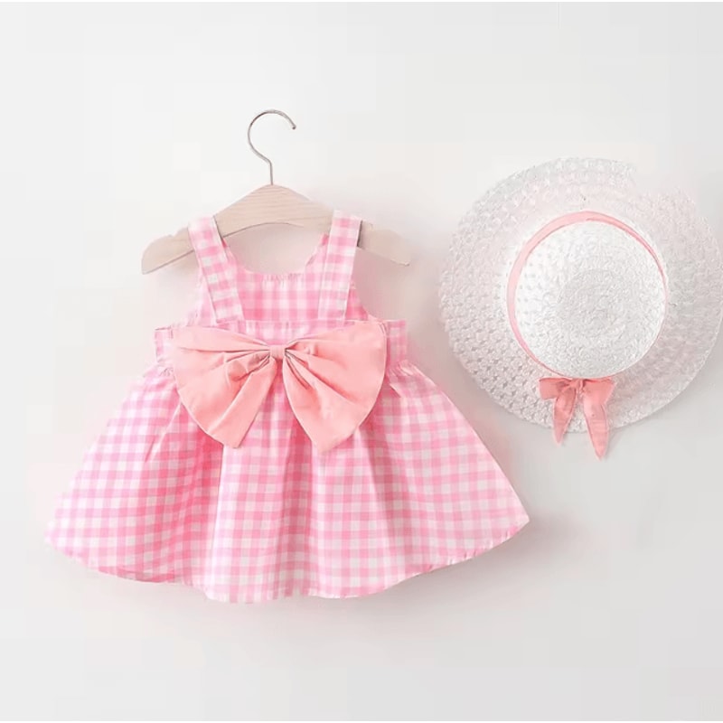 Plaid Bow Baby Girl Summer Dress Set With Matching Sun Hat Cute Toddler Beach Dress Outfit 2Piece 8