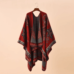 one size red geometric cashmere poncho cape – warm womens shawl cloak wrap with lattice flower pattern