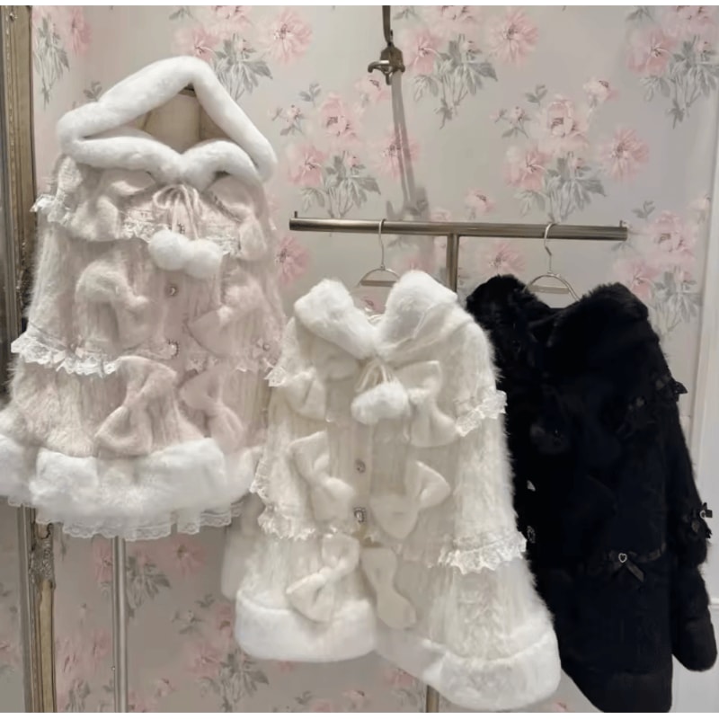 One Size Japanese Big Ribbon Hooded Knitted Cloak Poncho Soft DoubleLayer Womens Winter Cape Jacke 0