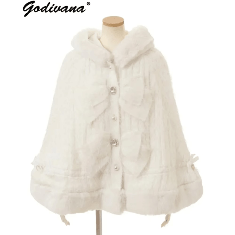 One Size Japanese Big Ribbon Hooded Knitted Cloak Poncho Soft DoubleLayer Womens Winter Cape Jacke 1