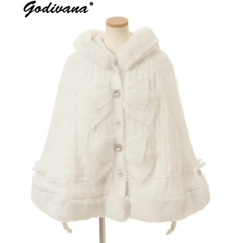 One Size Japanese Big Ribbon Hooded Knitted Cloak Poncho Soft DoubleLayer Womens Winter Cape Jacke 1