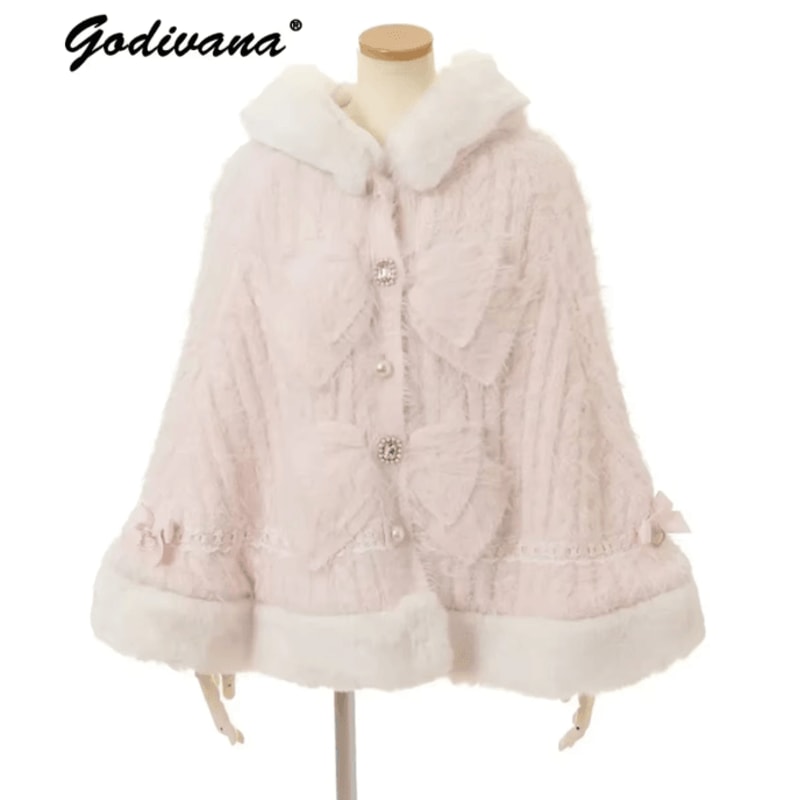 One Size Japanese Big Ribbon Hooded Knitted Cloak Poncho Soft DoubleLayer Womens Winter Cape Jacke 2