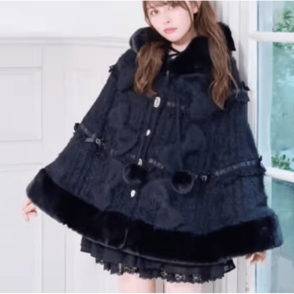 One Size Japanese Big Ribbon Hooded Knitted Cloak Poncho Soft DoubleLayer Womens Winter Cape Jacke 6