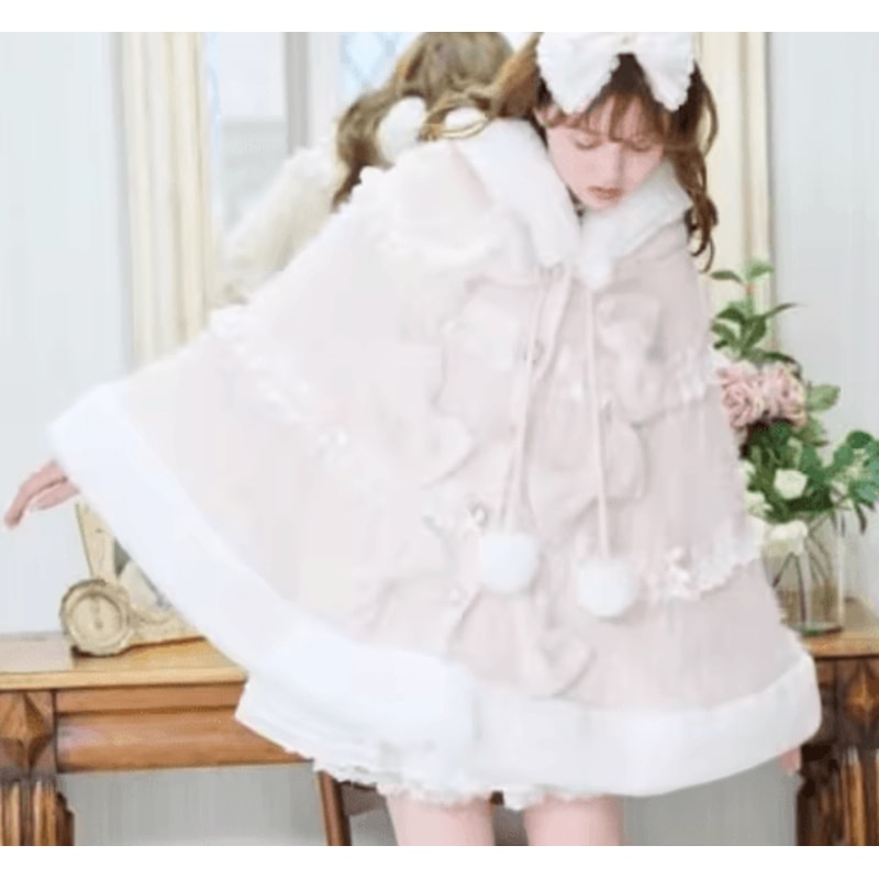 One Size Japanese Big Ribbon Hooded Knitted Cloak Poncho Soft DoubleLayer Womens Winter Cape Jacke 8