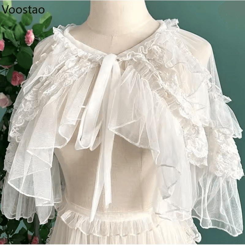 Lolita Lace Kawaii Poncho Cape Sweet Mesh Gothic Lolita Shawl Coat 4