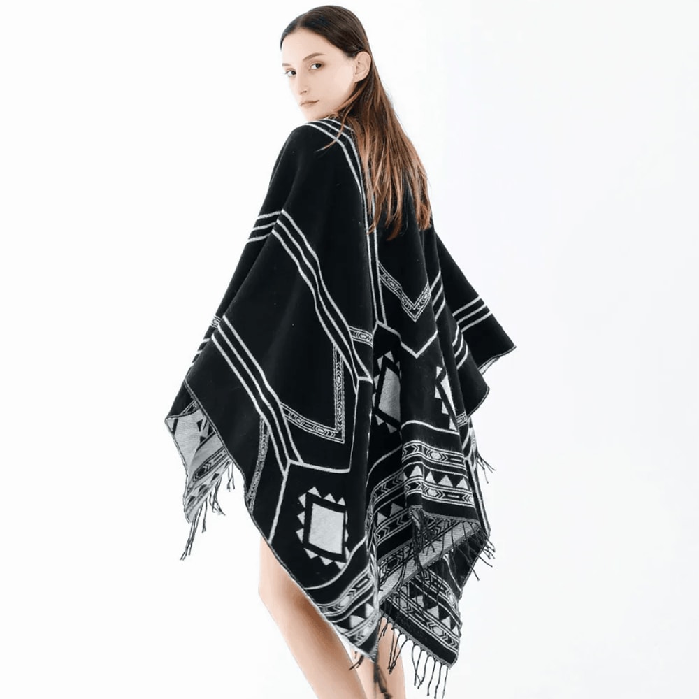 Indian Nepalese Geometric Tassel Poncho Shawl Warm Women Cloak Cape Wrap 0