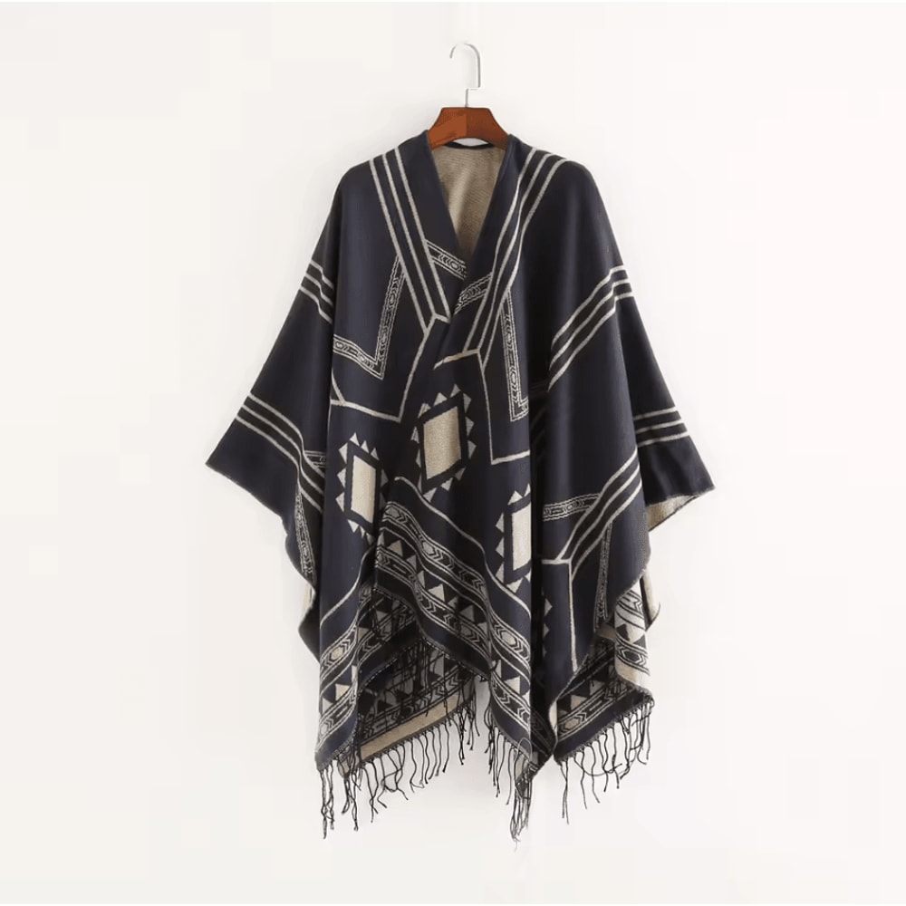 Indian Nepalese Geometric Tassel Poncho Shawl Warm Women Cloak Cape Wrap 9