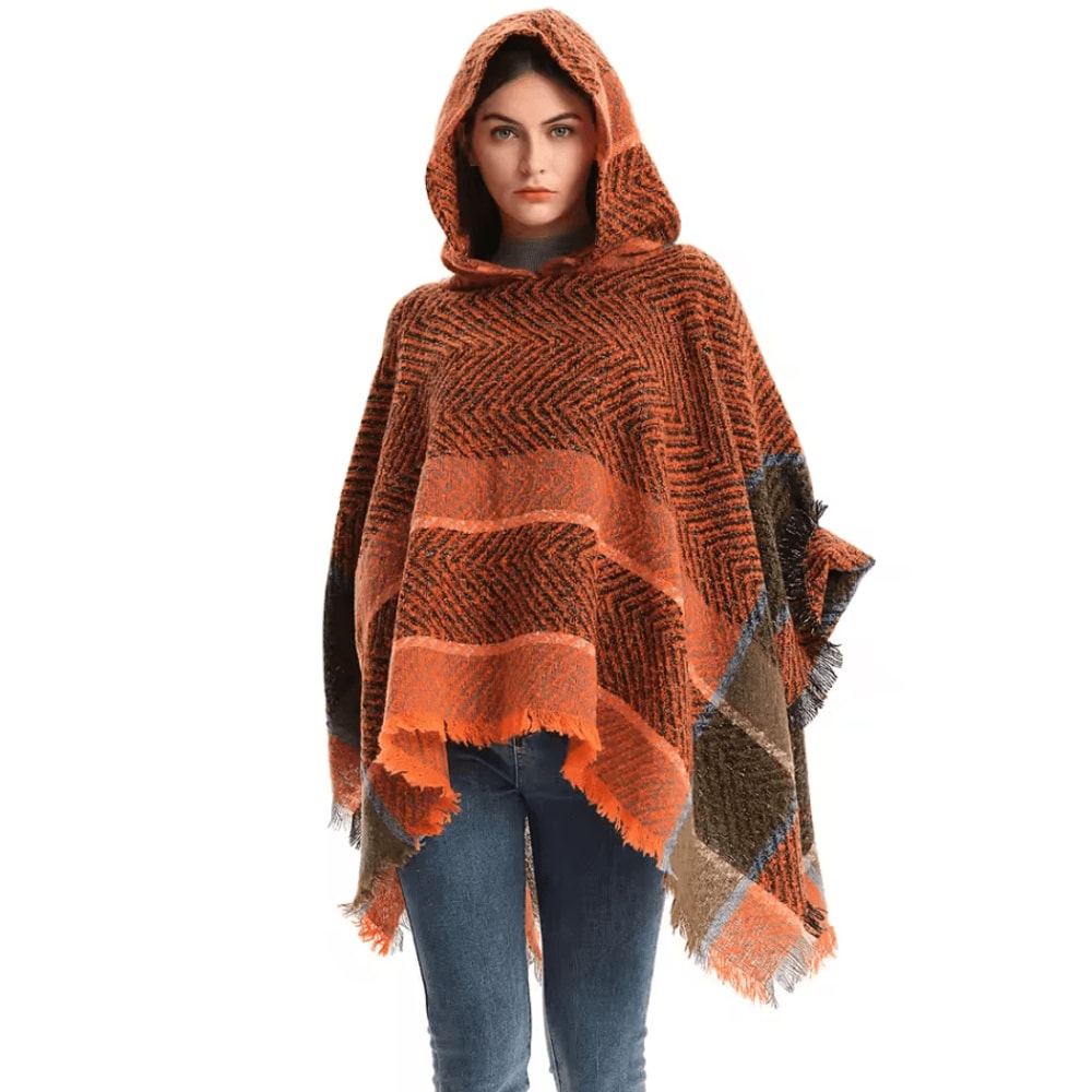 Hooded Fishbone Pattern Women Cape Poncho Autumn Winter Pullover Women Hooded Cloak 0