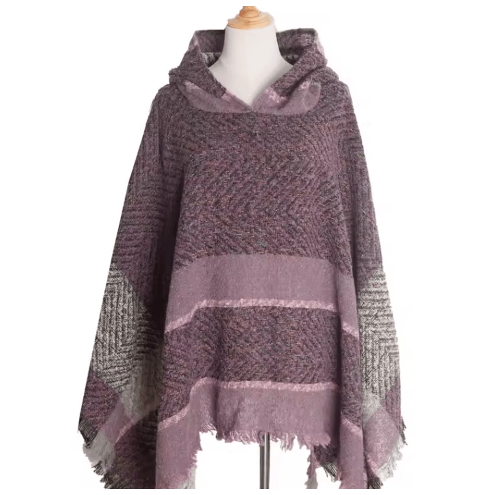Hooded Fishbone Pattern Women Cape Poncho Autumn Winter Pullover Women Hooded Cloak 9