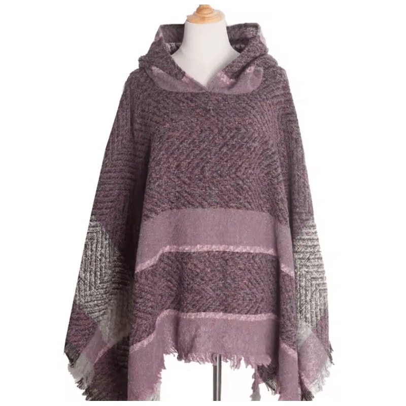 Hooded Fishbone Pattern Women Cape Poncho Autumn Winter Pullover Women Hooded Cloak 9