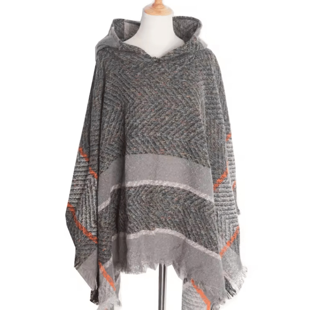 Hooded Fishbone Pattern Women Cape Poncho Autumn Winter Pullover Women Hooded Cloak 10