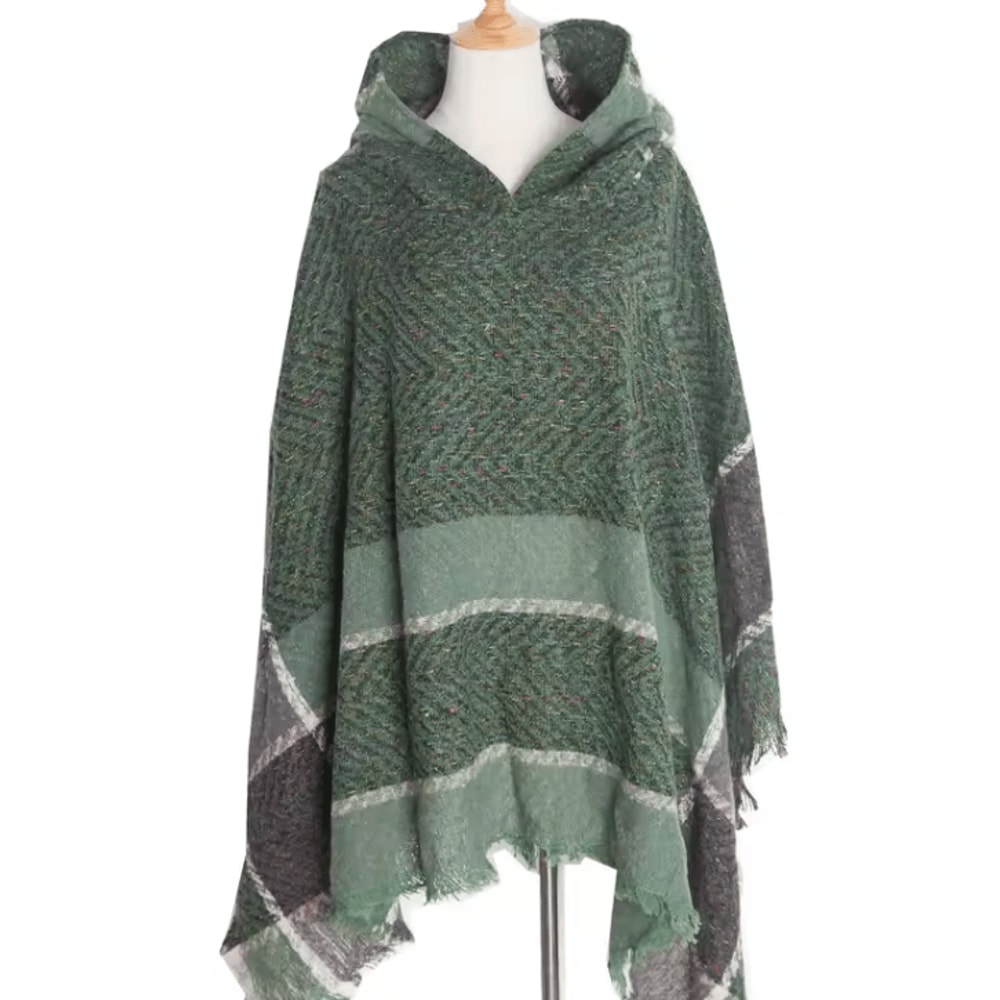 Hooded Fishbone Pattern Women Cape Poncho Autumn Winter Pullover Women Hooded Cloak 11