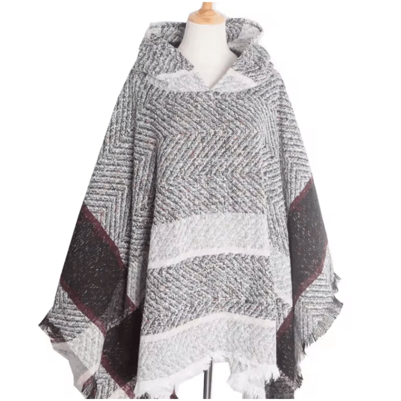 Hooded Fishbone Pattern Women Cape Poncho Autumn Winter Pullover Women Hooded Cloak 12