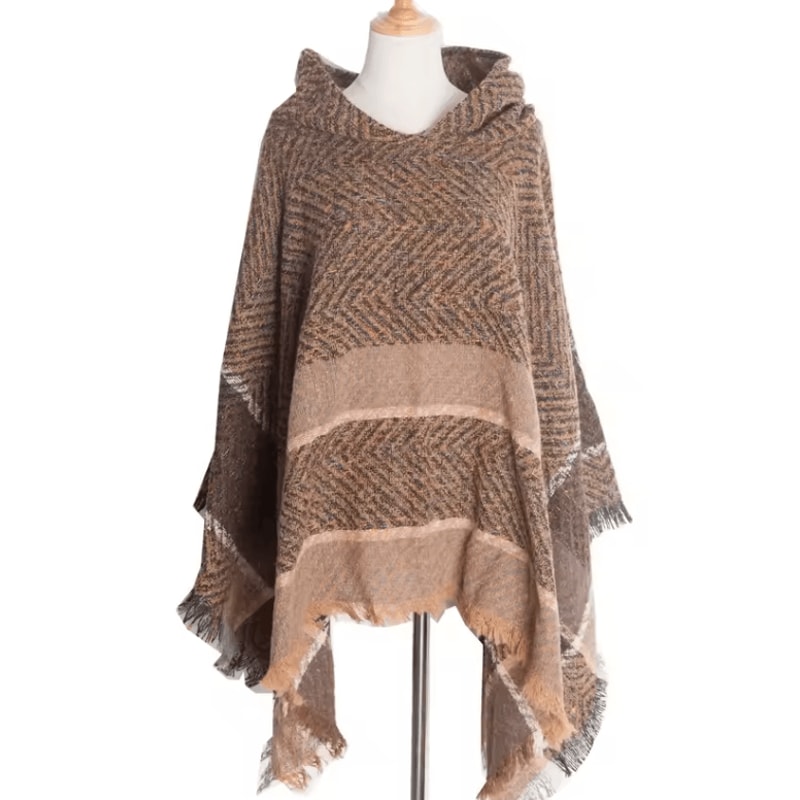 Hooded Fishbone Pattern Women Cape Poncho Autumn Winter Pullover Women Hooded Cloak 3