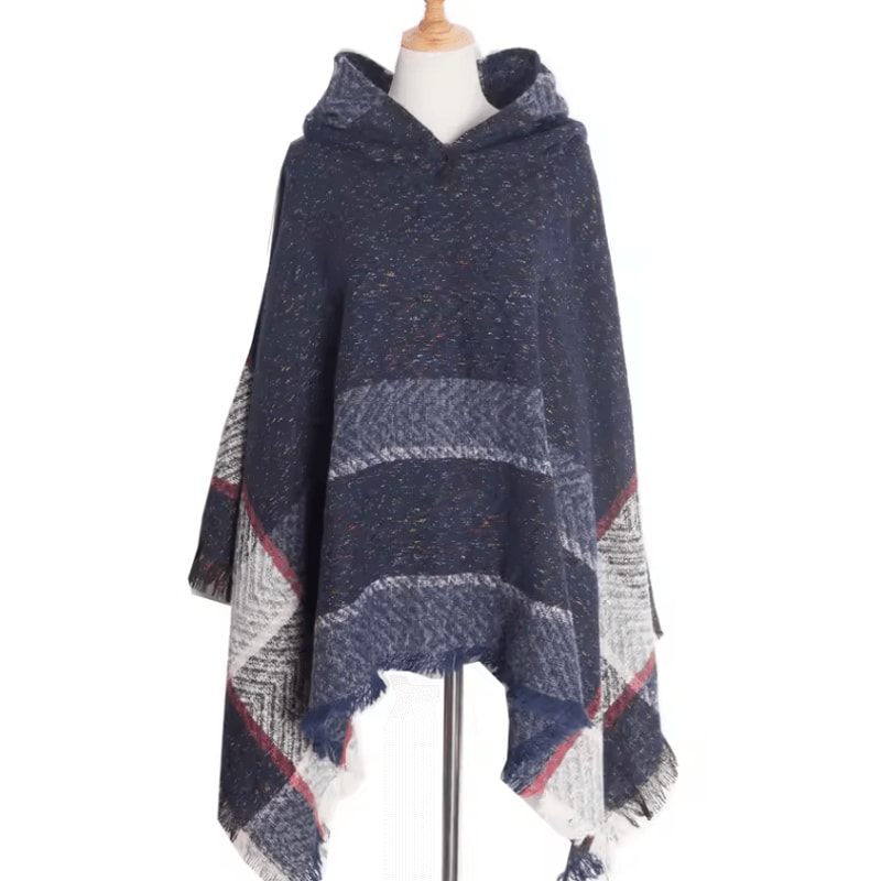 Hooded Fishbone Pattern Women Cape Poncho Autumn Winter Pullover Women Hooded Cloak 4