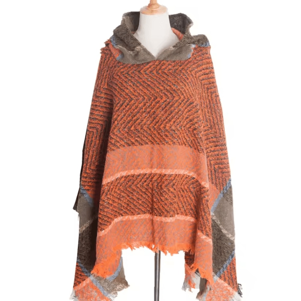 Hooded Fishbone Pattern Women Cape Poncho Autumn Winter Pullover Women Hooded Cloak 5