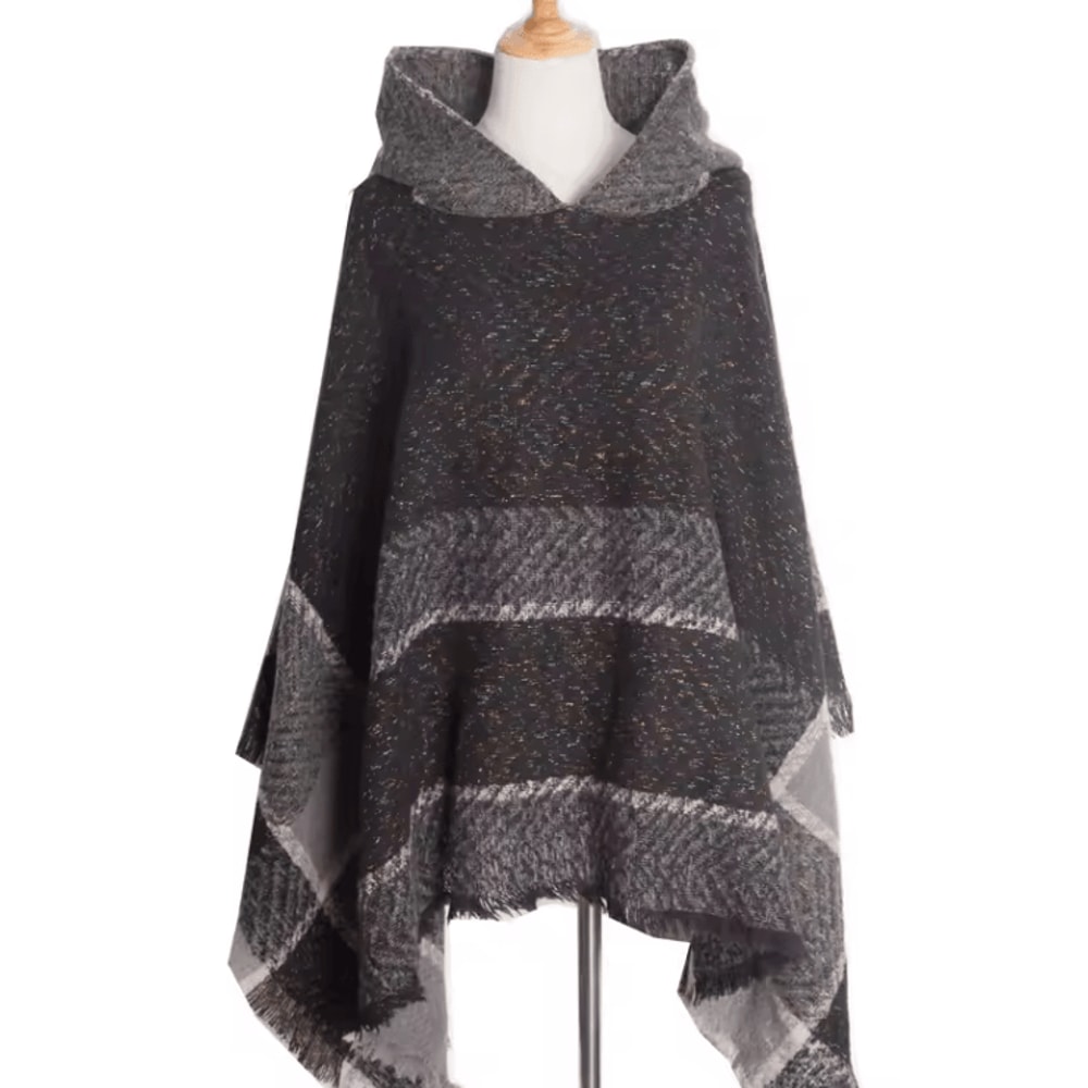 Hooded Fishbone Pattern Women Cape Poncho Autumn Winter Pullover Women Hooded Cloak 6