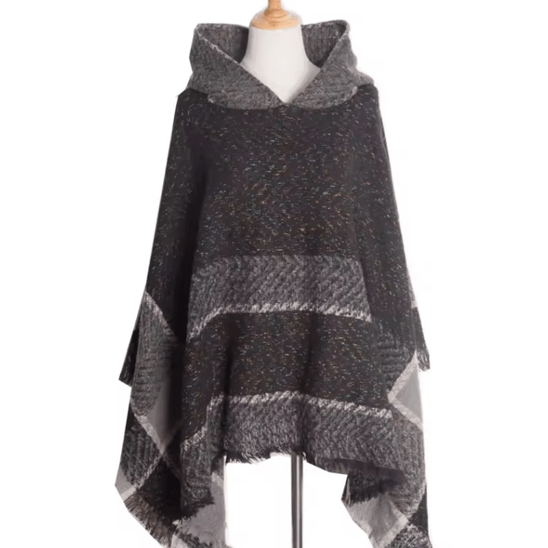 Hooded Fishbone Pattern Women Cape Poncho Autumn Winter Pullover Women Hooded Cloak 6