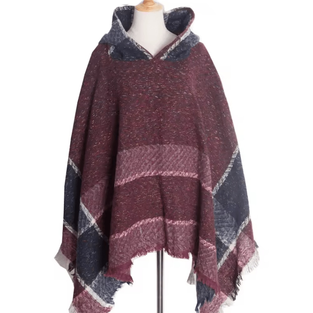 Hooded Fishbone Pattern Women Cape Poncho Autumn Winter Pullover Women Hooded Cloak 7