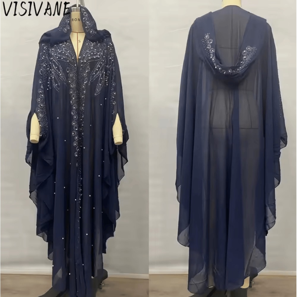 Vintage Hooded Cloak Cape Dress Thin Women Streetwear Poncho Jacket With Diamond Detail 0