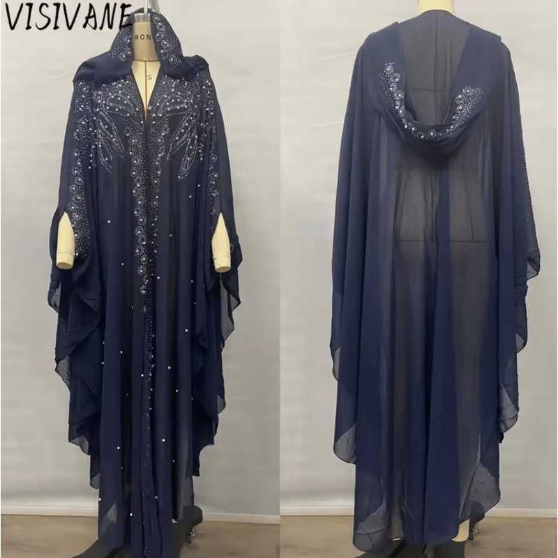 Vintage Hooded Cloak Cape Dress Thin Women Streetwear Poncho Jacket With Diamond Detail 0