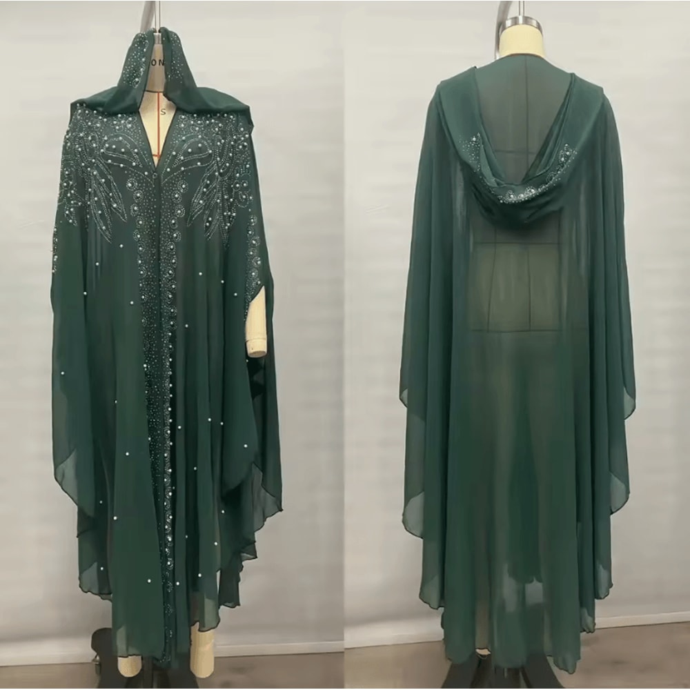 Vintage Hooded Cloak Cape Dress Thin Women Streetwear Poncho Jacket With Diamond Detail 11