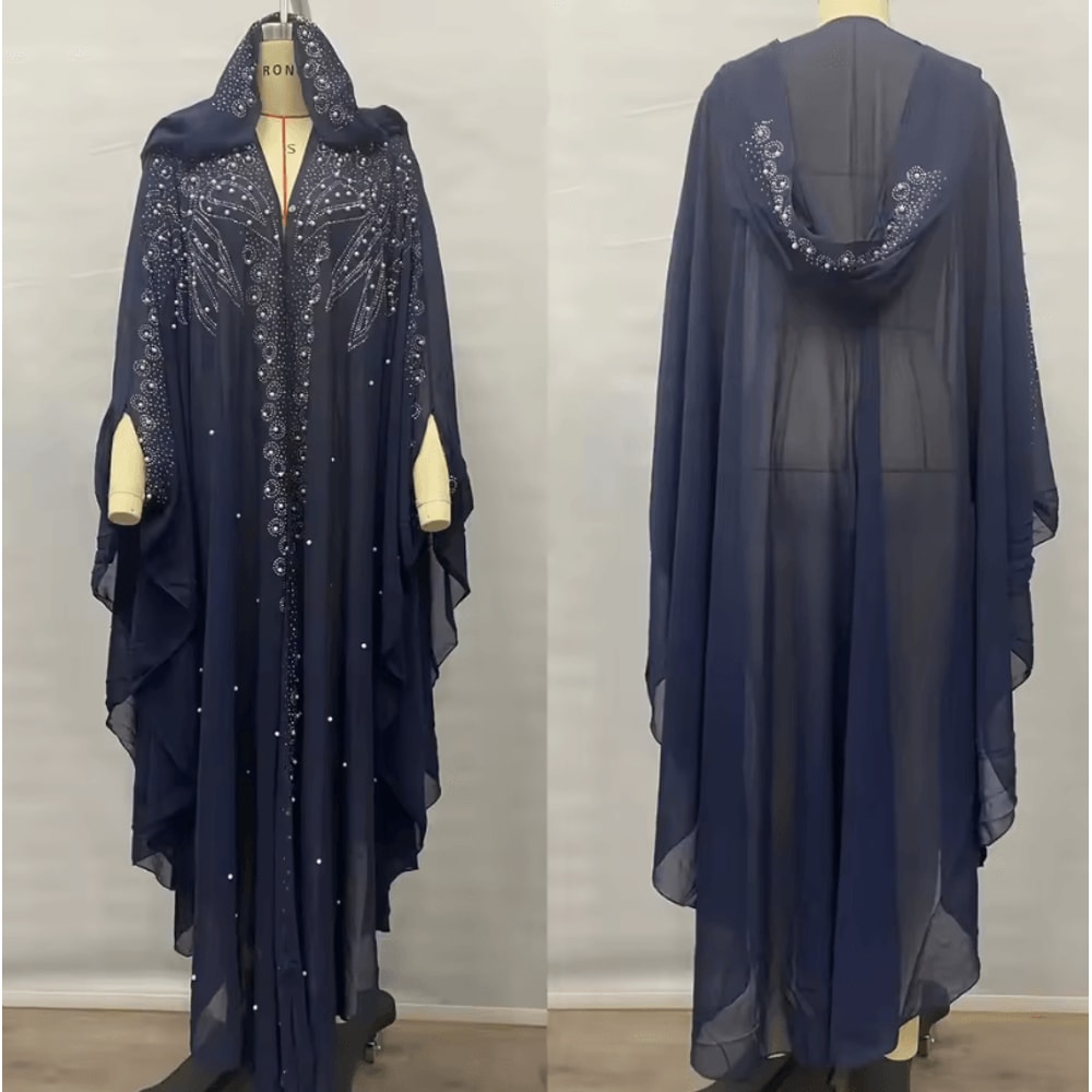 Vintage Hooded Cloak Cape Dress Thin Women Streetwear Poncho Jacket With Diamond Detail 12