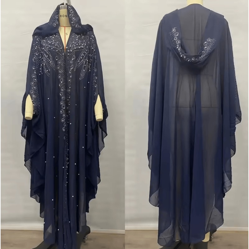 Vintage Hooded Cloak Cape Dress Thin Women Streetwear Poncho Jacket With Diamond Detail 12