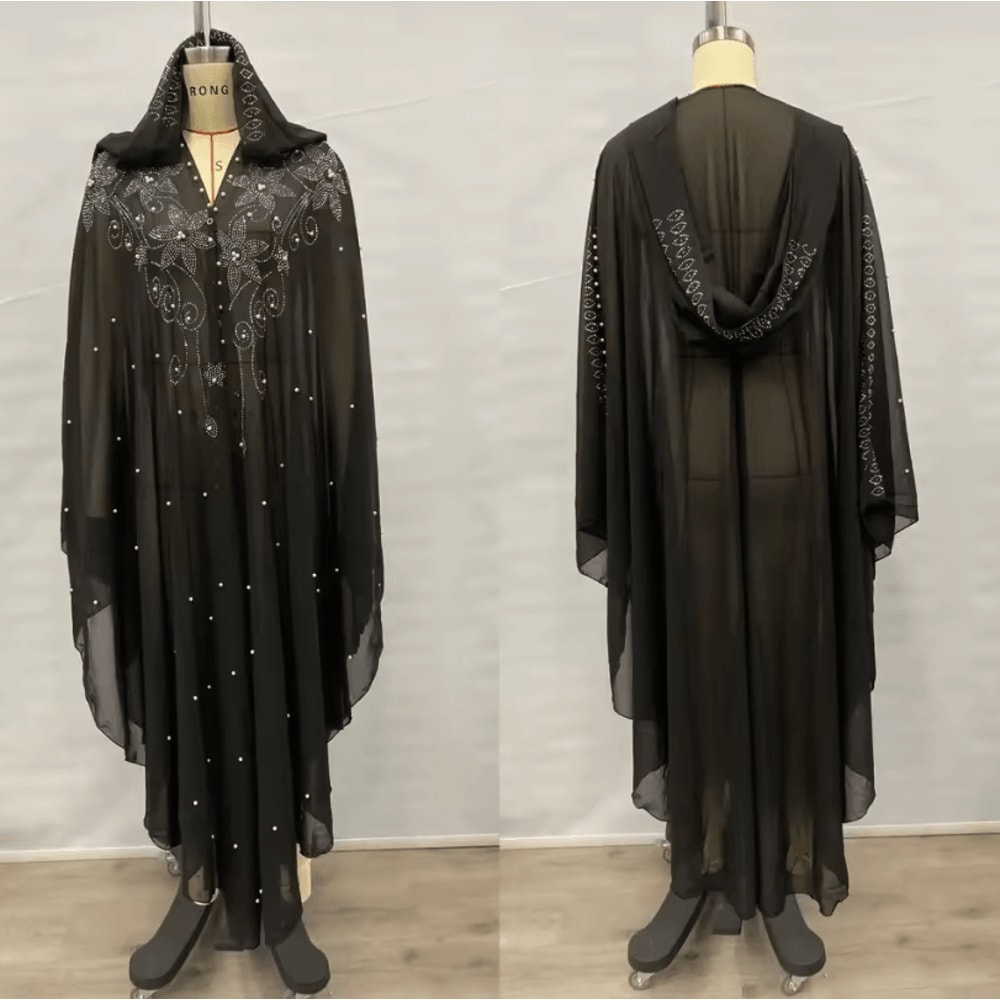 Vintage Hooded Cloak Cape Dress Thin Women Streetwear Poncho Jacket With Diamond Detail 13