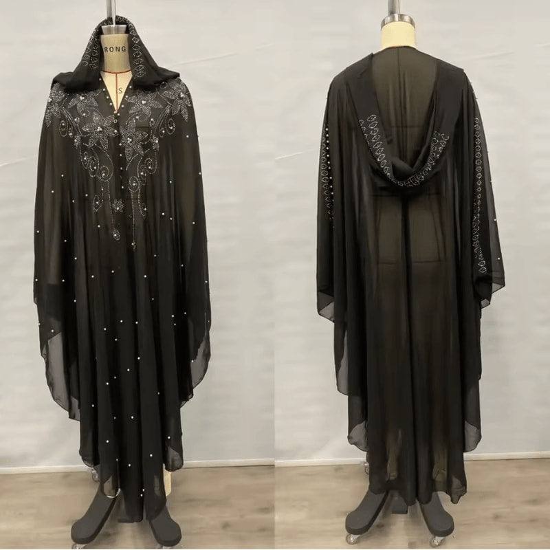 Vintage Hooded Cloak Cape Dress Thin Women Streetwear Poncho Jacket With Diamond Detail 13
