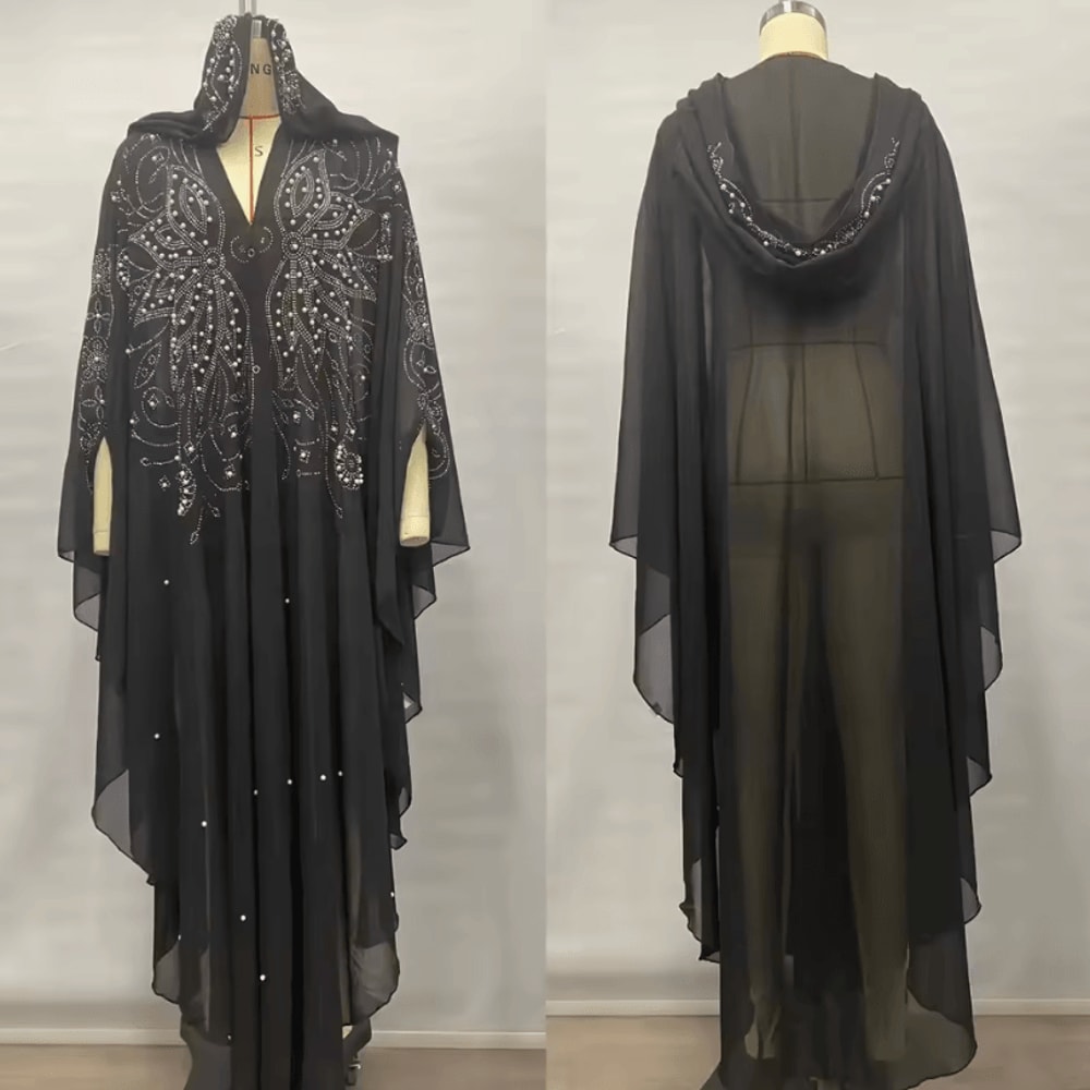 Vintage Hooded Cloak Cape Dress Thin Women Streetwear Poncho Jacket With Diamond Detail 8