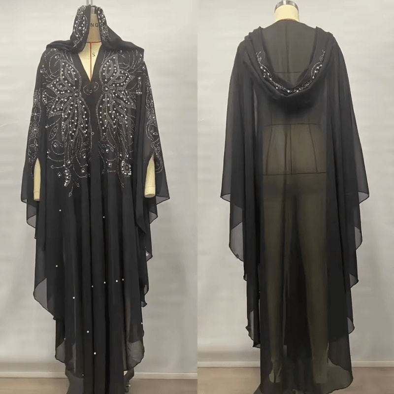 Vintage Hooded Cloak Cape Dress Thin Women Streetwear Poncho Jacket With Diamond Detail 8