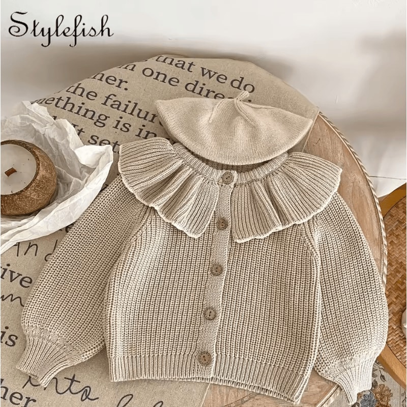 Baby Girl Ruffle Collar Knit Cardigan Soft Toddler Girl Knitted Sweater Coat 0
