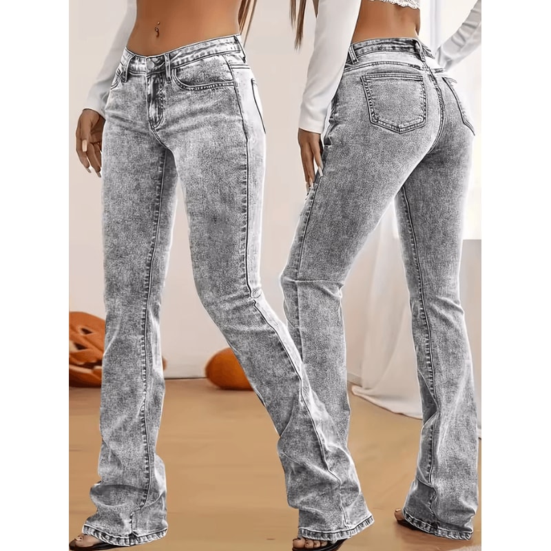 Fashion Womens Gray LowRise Slim Fit Bootcut Jeans Y2K Style Snow Wash Streetwear Elegant Denim Pan 0