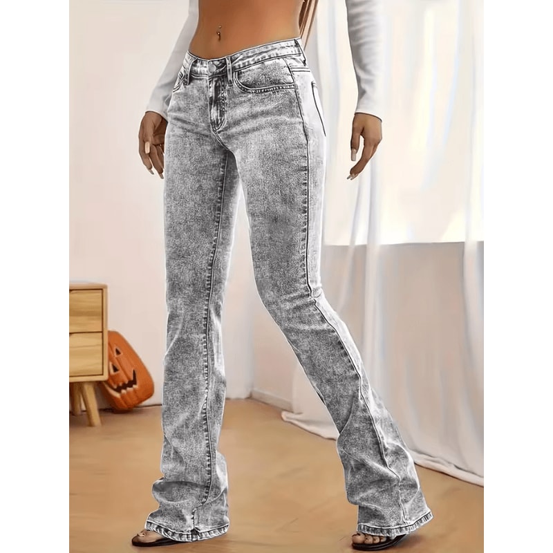 Fashion Womens Gray LowRise Slim Fit Bootcut Jeans Y2K Style Snow Wash Streetwear Elegant Denim Pan 4