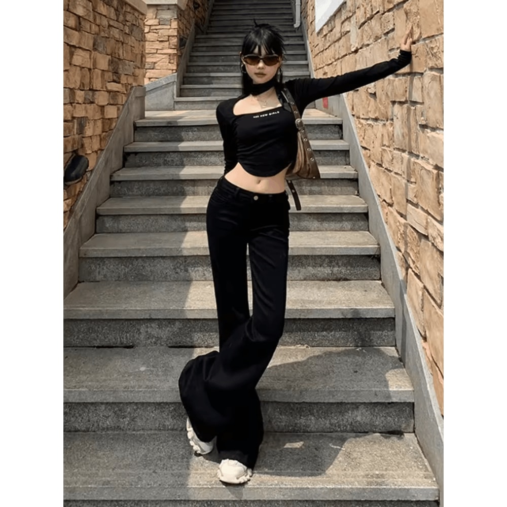 Korean Low Rise Y2K Flare Jeans For Women Slim Fit Bell Bottom Bootcut Denim Pants 2
