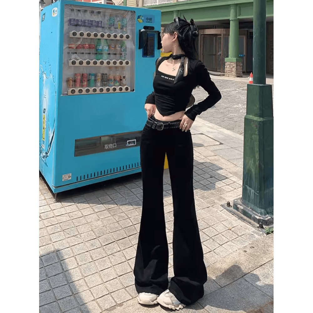Korean Low Rise Y2K Flare Jeans For Women Slim Fit Bell Bottom Bootcut Denim Pants 3