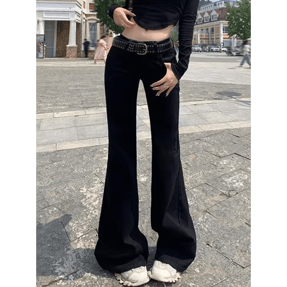 Korean Low Rise Y2K Flare Jeans For Women Slim Fit Bell Bottom Bootcut Denim Pants 4