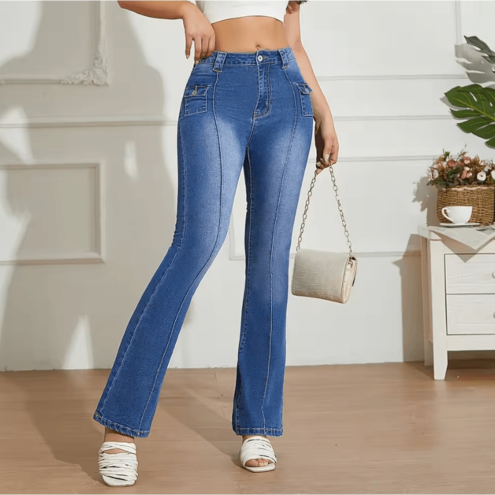 Blue Low Rise Y2K Bootcut Jeans Womens Wide Leg Streetwear Denim Pants With Pockets 0