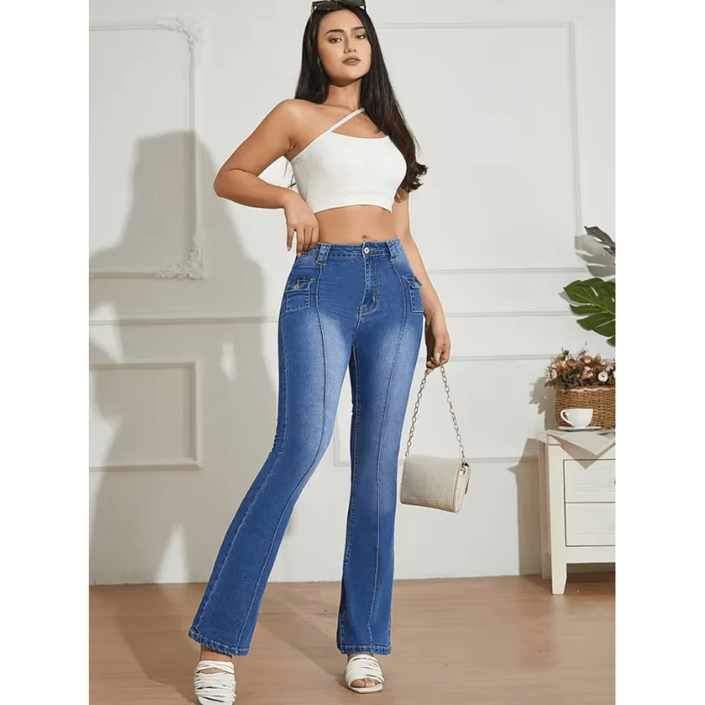 Blue Low Rise Y2K Bootcut Jeans Womens Wide Leg Streetwear Denim Pants With Pockets 1