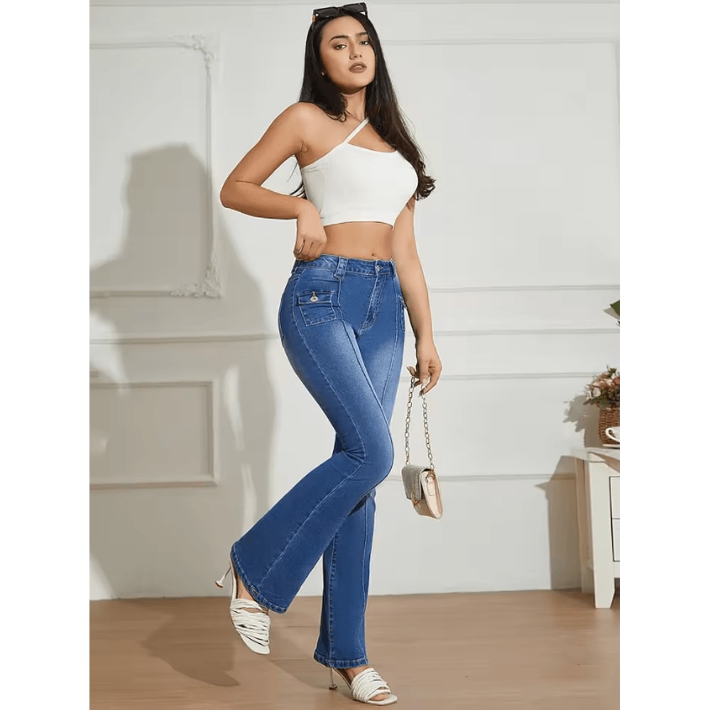 Blue Low Rise Y2K Bootcut Jeans Womens Wide Leg Streetwear Denim Pants With Pockets 2