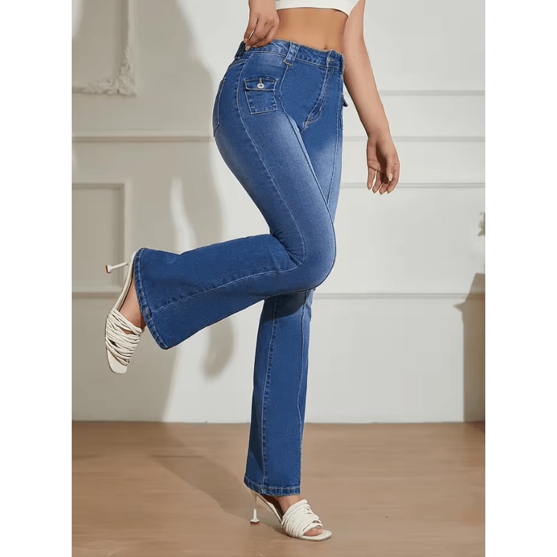 Blue Low Rise Y2K Bootcut Jeans Womens Wide Leg Streetwear Denim Pants With Pockets 4