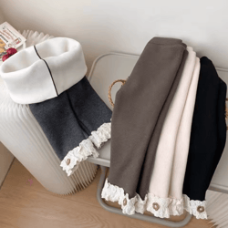 cozy lace flower baby girls thermal leggings – soft stretch toddler girl leggings for warm winter & autumn comfort